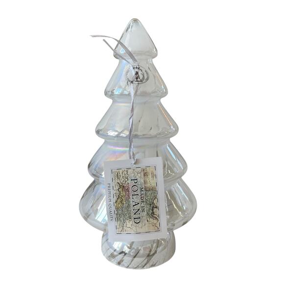 Handmade in Poland Art Glass CHRISTMAS TREE 10in Iridescent White Marble NEW - Picture 1 of 10